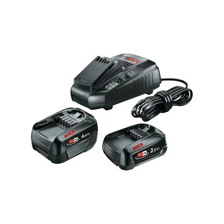 Комплект от 2 батерии и бързо зарядно устройство Bosch 1600A01T9W, 18 V, 2.5 и 4.0 Ah, технология Power For All
