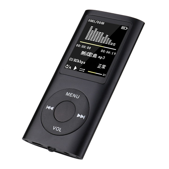 MP3/MP4 lejátszó, JENUOS®, TF kártya, LCD képernyő 1, 8'', HD videó, 91 x 42 x 9 mm, fekete
