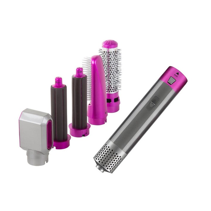 Aparat de coafat profesional 5 in 1, putere 1000W, 5 capete interschimbabile, gri-roz