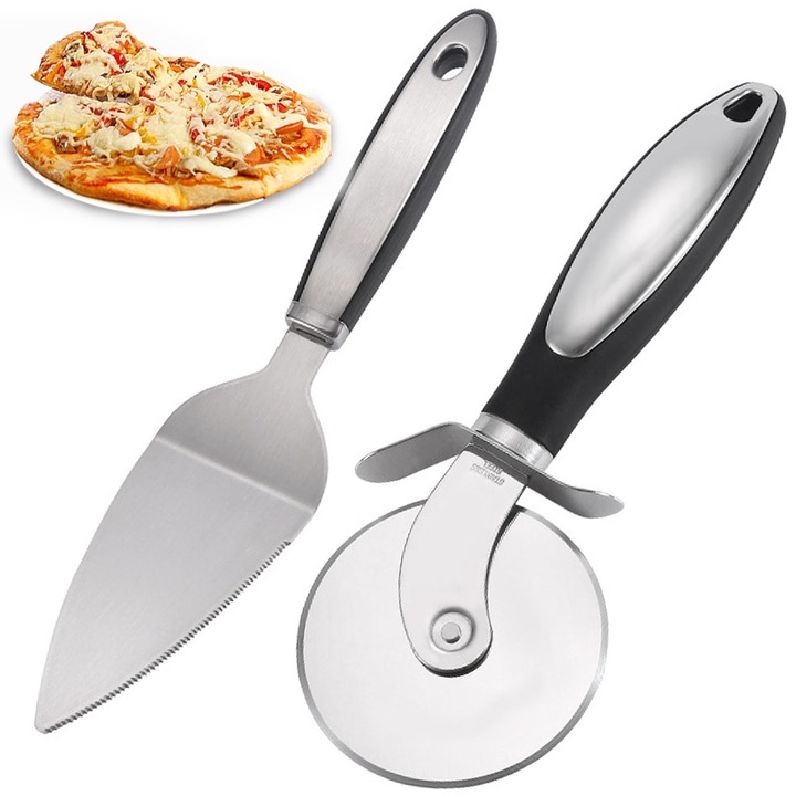 Cutit rotund pentru taiat pizza si spatula, Axroad Mall, Design de protectie a degetelor, Anti-rugina, Anti-coroziune si rezistent la mirosuri, Usor de curatat si depozitat, Plastic/otel inoxidabil, Negru/argintiu