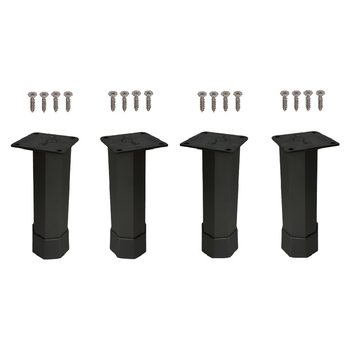 Set 4 picioare metalice negre octogonale reglabile pentru mobilier H150 D40