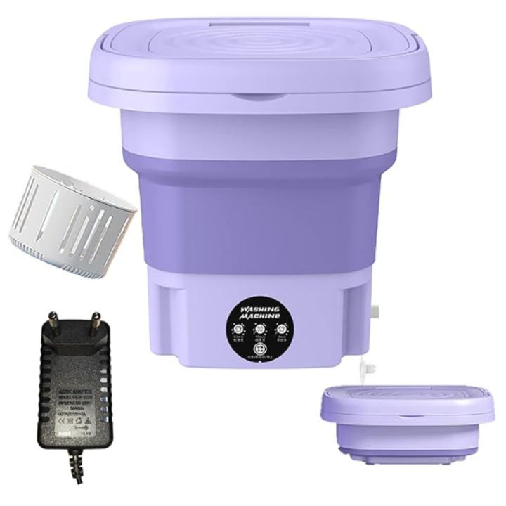 Masina de spalat rufe, portabila si pliabila, capacitate 6.5L, functie stoarcere, 3 programe de spalare, Mov, PROMERCO®