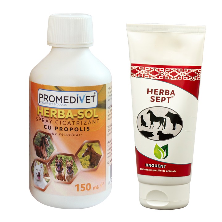 Pachet Cicatrizant Herba Sol Spray cu Propolis, 150 ml si Herba Sept Unguent 150 ml, folosite ca adjuvant in Plagi, Infectii ale Pielii, Dermatoze, Arsuri, Afectiuni Podale, Panaritii, Pododermatite, Infectii Ombilicale, pentru anima le de companie