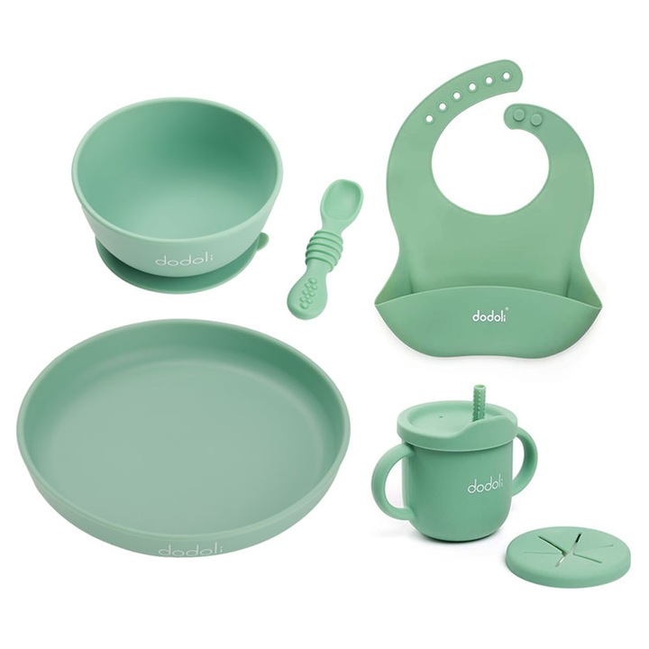 Комплект за разнообразяване и хранене от хранителен силикон за бебета и деца - купа, чиния, лигавник, чаша 2 в 1, лъжица - Dodoli, Cyan Green