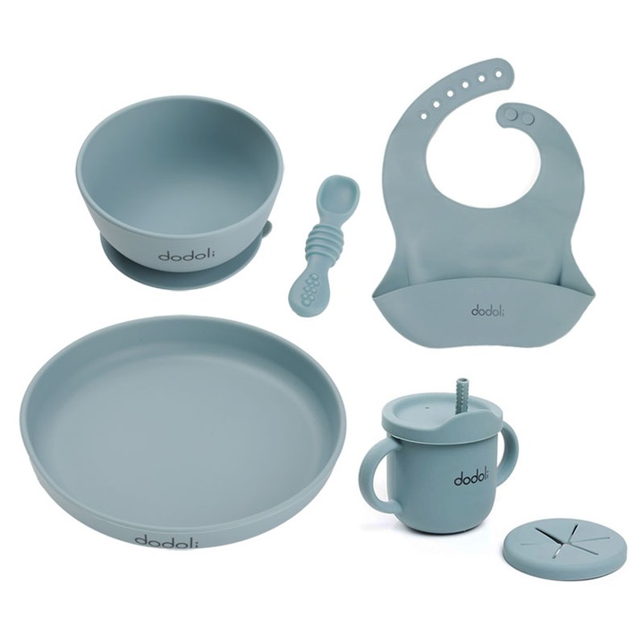Хранителен силиконов комплект за разнообразяване и хранене за бебета и деца - купа, чиния, лигавник, чаша 2 в 1, лъжица - Dodoli, Seablue