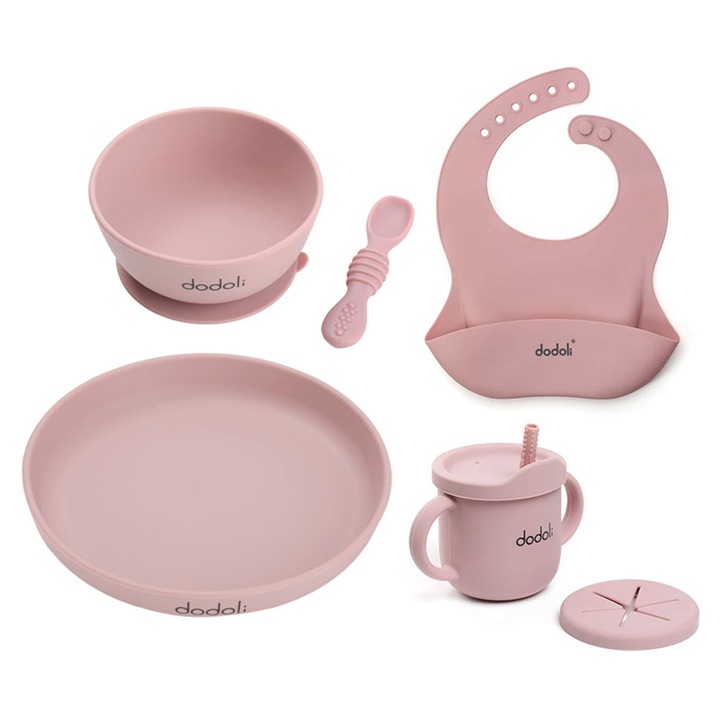 Хранителен силиконов комплект за разнообразяване и хранене за бебета и деца - купа, чиния, лигавник, чаша 2 в 1, лъжица - Dodoli, Rosewood Pink