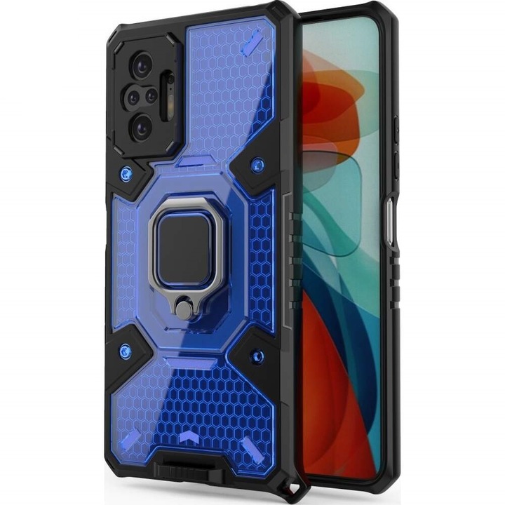 Husa de protectie compatibila cu Xiaomi Redmi Note 10/Note 10s, Honeycomb Armor, cu inel magnetic, TPU, Albastru