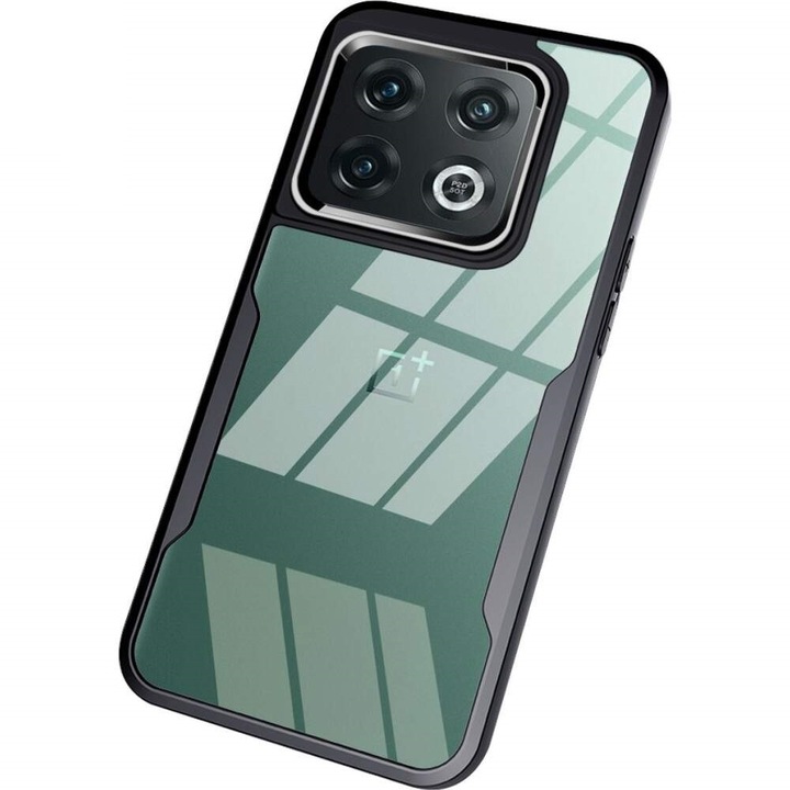 Защитен калъф, съвместим с OnePlus 10 Pro, акрилно галванично покритие, черни ръбове, TPU, прозрачен