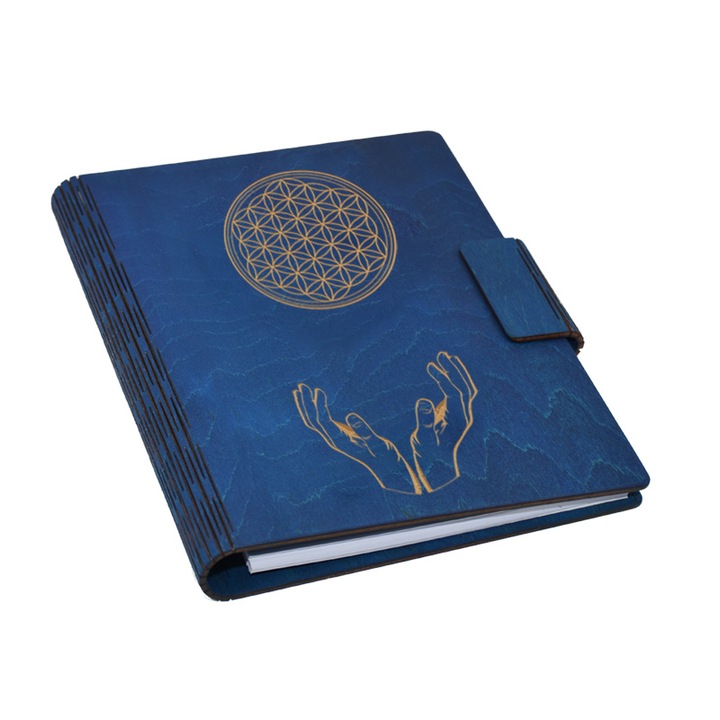 Agenda A5 din lemn, albastra, Piksel, Floarea vietii, 100 pagini si pix din lemn inclus