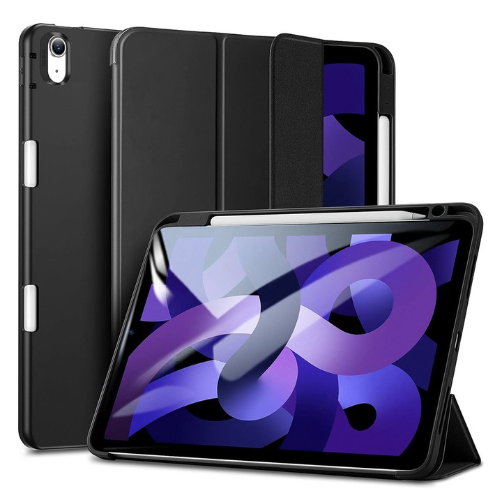 Husa compatibila cu Apple iPad Air 4 (2020), Protectie fata-spate, FlipCover Stylus Edition, Acoperire mata, Compartiment incorporat Apple Pencil, Auto-Sleep / Auto-Wake, Functie stand / suport, Negru