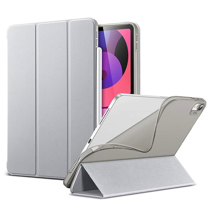Apple iPad Air 5 (2022) készülékkel kompatibilis tok, elülső hátsó védelem, stílusos PadBook, ökológiai bőr, állvány funkció, automatikus ébresztés / automatikus elalvás, dedikált Apple ceruzanyílás, vékony kialakítás, ezüst