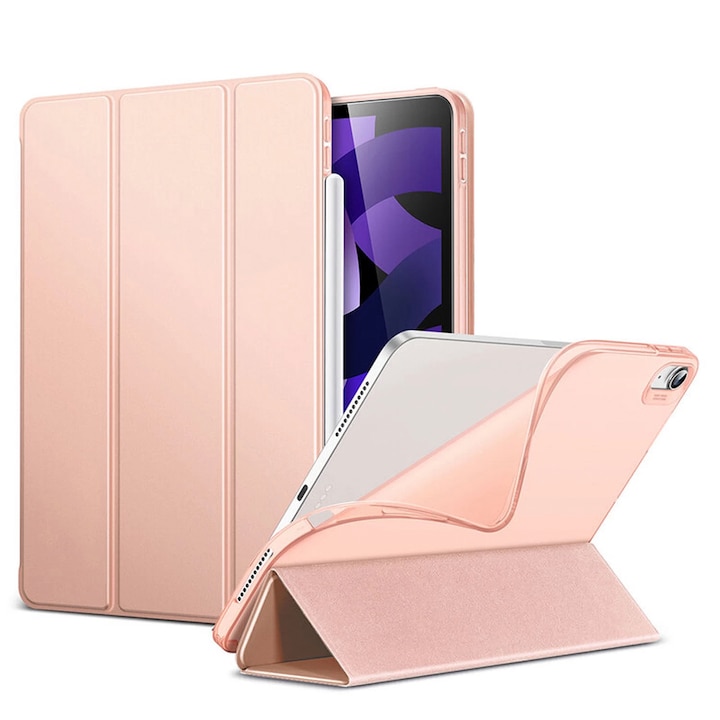 Apple iPad Air 5 (2022) készülékkel kompatibilis burkolat, elülső hátsó védelem, stílusos PadBook, ökológiai bőr, állvány funkció, automatikus ébresztés / automatikus elalvás, dedikált Apple ceruzanyílás, vékony kialakítás, rózsaszín