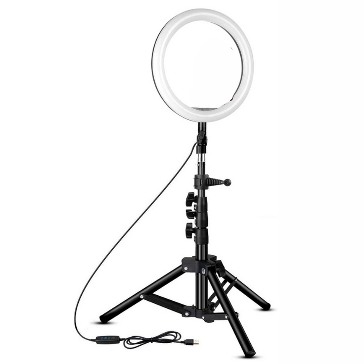 Lampa circulara Ring Light, LED, 10 trepte de lumina, 3 culori, rece, naturala, calda, 22 inch, pentru selfie-uri/make-up