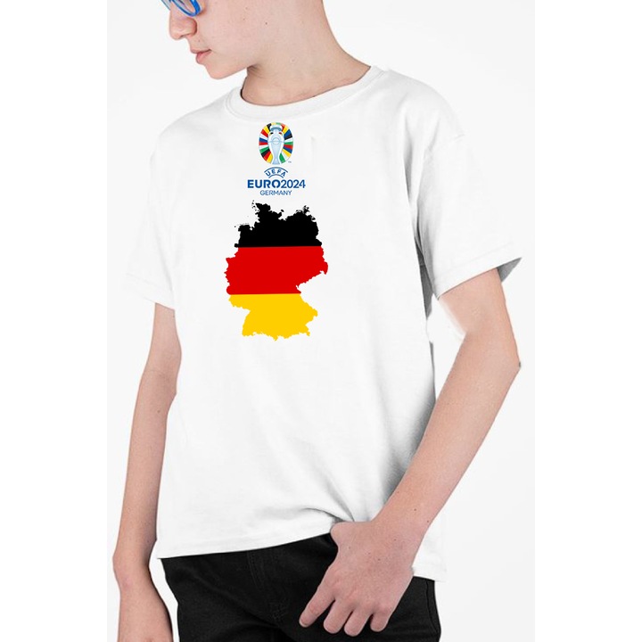 Tricou personalizat pentru copii cu imprimeu, Campionatul european 2024 - Germania, Bumbac, Alb, 140-152 cm