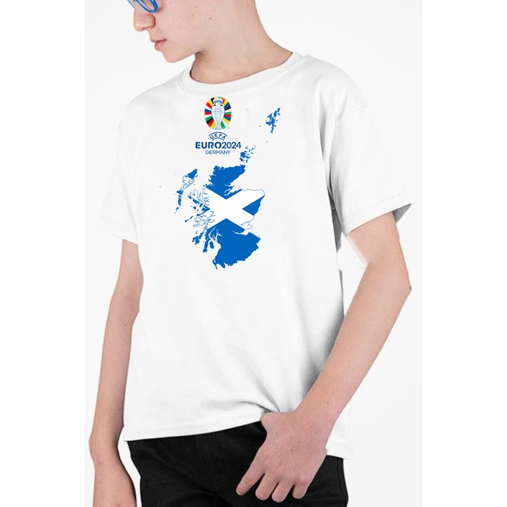 Tricou personalizat pentru copii cu imprimeu, Campionatul european 2024 - Scotia, Bumbac, Alb, 140-152 cm