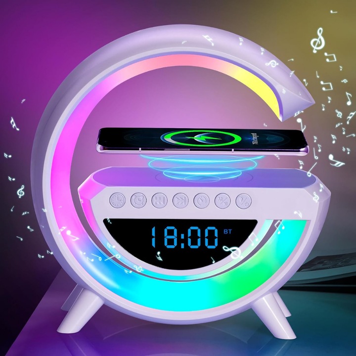 Lampa Smart Led Multifunctionala, Incarcator Wireless 15W, Radio, Ceas, Alarma, Conexiune Bluetooth