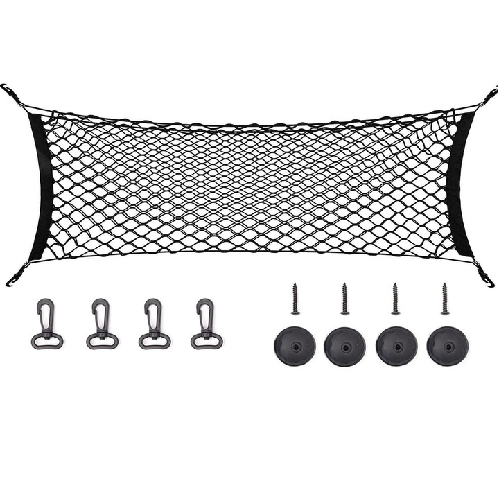 Plasa pentru porbagaj, JENUOS®, Cu accesorii de montare, din material rezistent, Marginea elastica mentine ferm incarcaturile, pentru majoritatea tipurilor de vehicule, cu dimensiunile 90 x 40 cm, negru