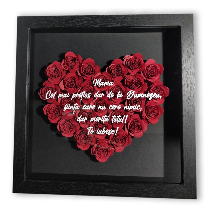Tablou 3D pentru mama cu text si flori handmade, ziua mamei, 8 Martie, rama neagra 27x27cm, trandafiri rosii si fundal negru