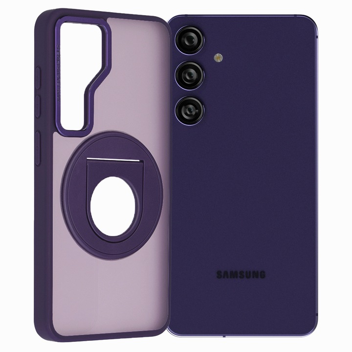 Надстроен калъф 360 RingCase, съвместим със Samsung Galaxy S24 Plus, матова повърхност, въртящ се пръстен, съвместим с безжично зареждане / MagSafe зареждане, удароустойчив, лилав