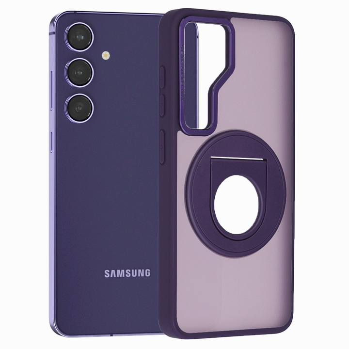 Калъф Upgraded 360 RingCase, Съвместим със Samsung Galaxy S24, матова повърхност, въртящ се пръстен, съвместим с безжично зареждане / MagSafe зареждане, анти-шок, лилав