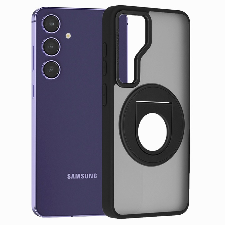 Надграден калъф 360 RingCase, съвместим със Samsung Galaxy S24, матова повърхност, въртящ се пръстен, съвместим с безжично зареждане / MagSafe зареждане, анти-шок, черен