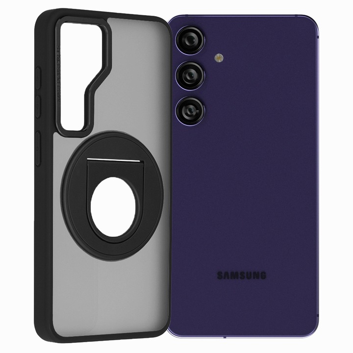 Калъф 360 RingCase, съвместим със Samsung Galaxy S24 Plus, матова повърхност, въртящ се пръстен, съвместим с безжично зареждане / MagSafe зареждане, анти-шок, черен