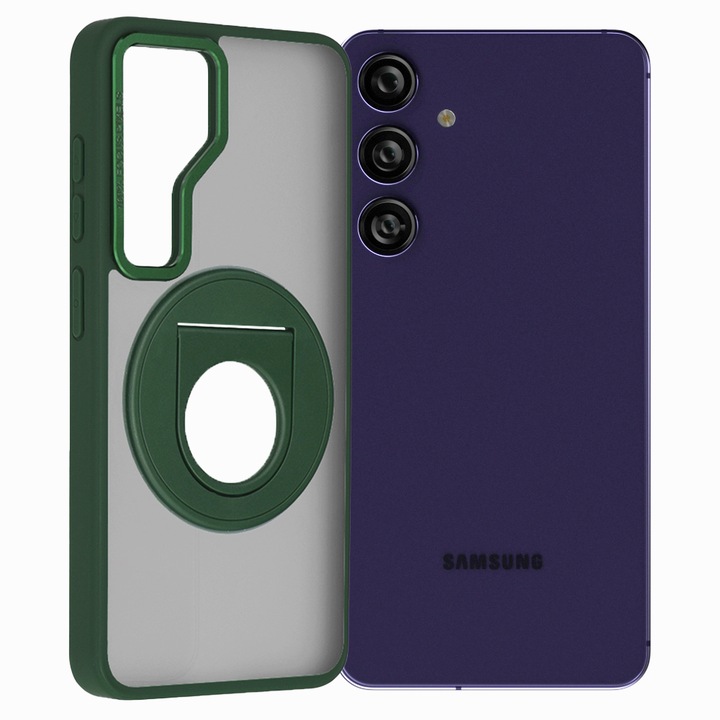 Надграден калъф 360 RingCase, съвместим със Samsung Galaxy S24 Plus, матова повърхност, въртящ се пръстен, съвместим с безжично зареждане / MagSafe зареждане, анти-шок, зелен