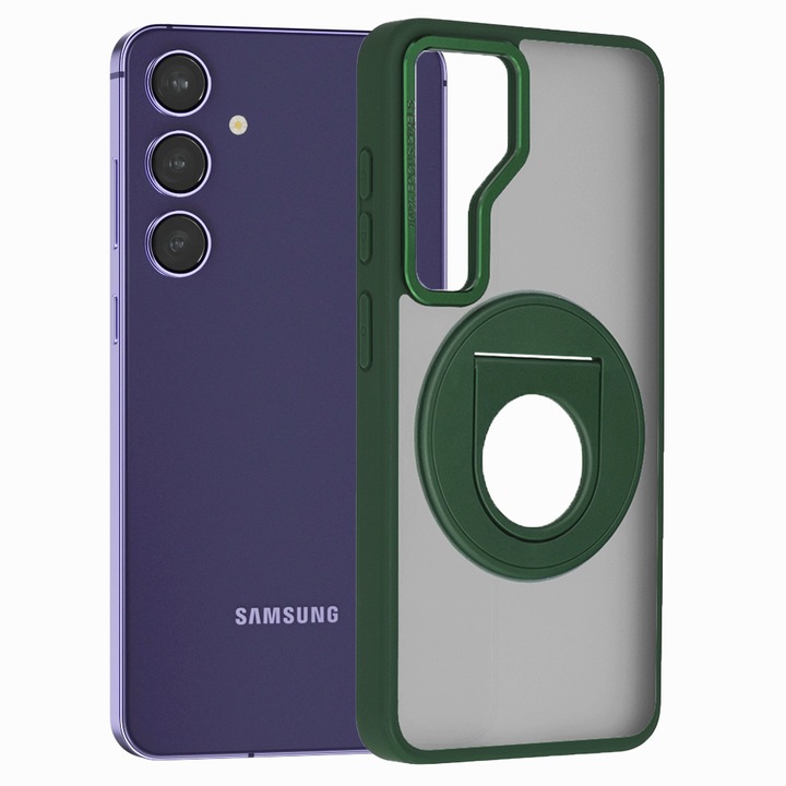 Надстроен калъф 360 RingCase, съвместим със Samsung Galaxy S24, матова повърхност, въртящ се пръстен, съвместим с безжично зареждане / MagSafe зареждане, анти-шок, зелен