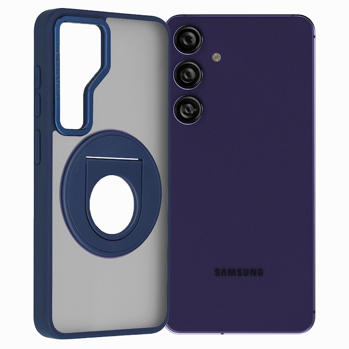 Надграден калъф 360 RingCase, съвместим със Samsung Galaxy S24 Plus, матова повърхност, въртящ се пръстен, съвместим с безжично зареждане / MagSafe зареждане, анти-шок, син