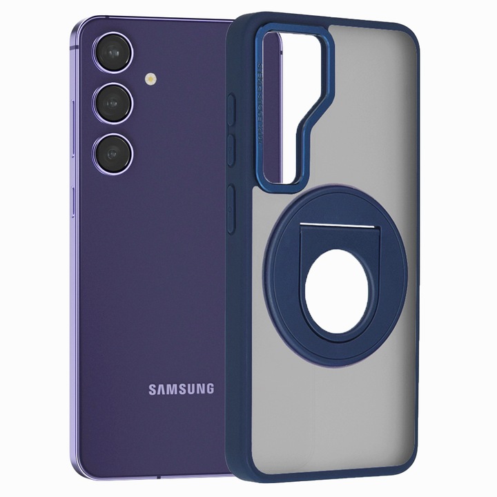 Надстроен калъф 360 RingCase, съвместим със Samsung Galaxy S24, матова повърхност, въртящ се пръстен, съвместим с безжично зареждане / MagSafe зареждане, анти-шок, син
