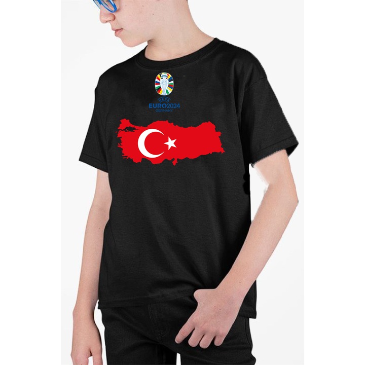 Tricou personalizat pentru copii cu imprimeu, Campionatul european 2024 - Turcia, Bumbac, Negru, 140-152 cm