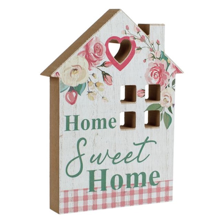 VENITIVO® belső dekoráció, fából készült ház formájú "Home Sweet Home" felirattal, ekrü színű, hosszúság x szélesség x magasság 14,7 x 2,5 x 20 cm