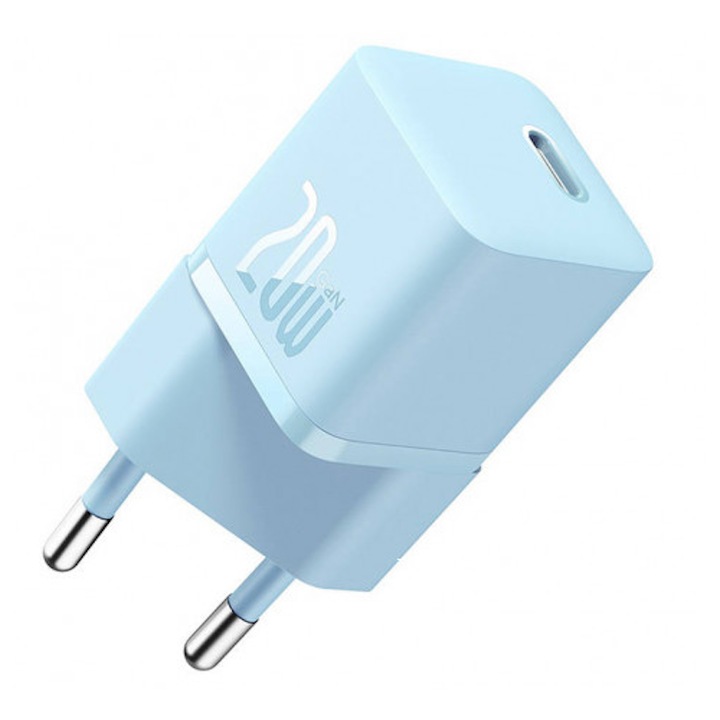 Мрежово зарядно устройство Baseus GaN5 Mini, 20W, USB-C, бързо зарядно устройство, синьо