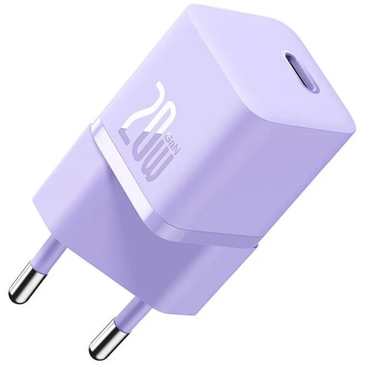 Мрежово зарядно устройство Baseus GaN5 Mini, 20W, USB-C, бързо зарядно устройство, виолетово