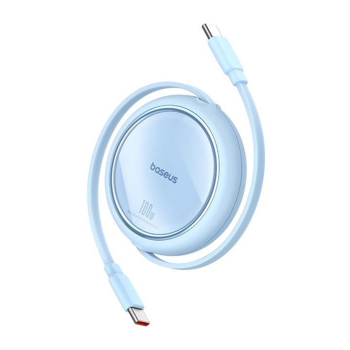 Мини кабел Baseus Free2Draw, прибиращ се, USB-C към USB-C, 100 W, 1 m, син
