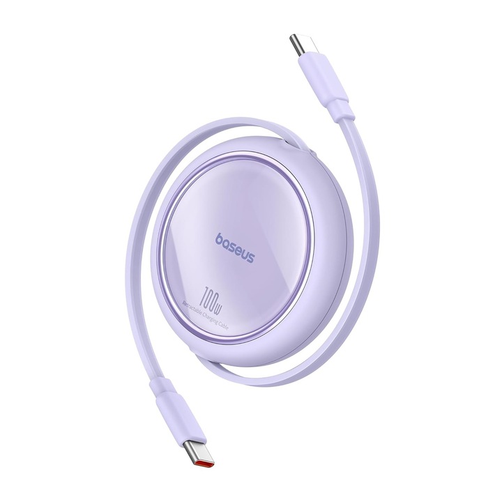 Мини кабел Baseus Free2Draw, прибиращ се, USB-C към USB-C, 100 W, 1 м, лилав