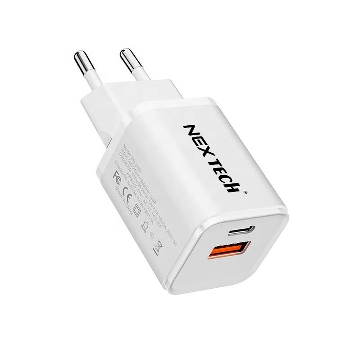 Incarcator retea NEX TECH® Quick Charge 33W Incarcator 2 porturi 1x USB-C, 1x USB A, Super Fast Charge, Compatibil cu Apple, Samsung, Xiaomi, 4A GaN, Alb