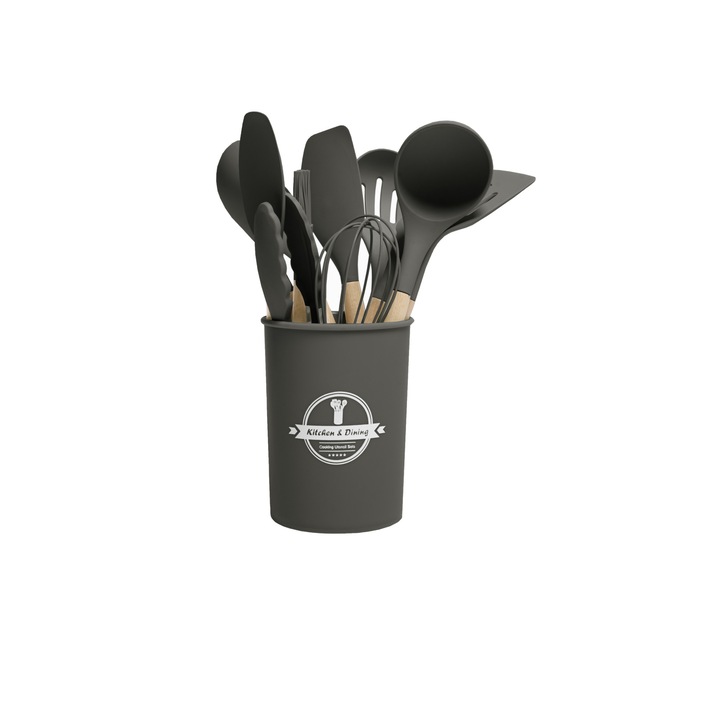 Set 12 ustensile bucatarie, Idema, Silicon, Negru/Bej