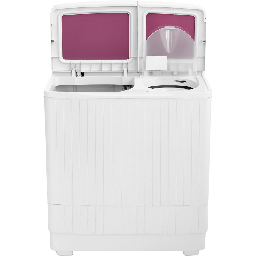 Masina de spalat rufe semi-automata Nobeltek, 7 kg spalare, 3 kg stoarecere, 300W spalare, 148W stoarcere, timp spalare 0-15 min, timp stoarcere 0-5 min, evacuare apa uzata: prin cadere libera, culoare corp Alb, capac Glass Line Red