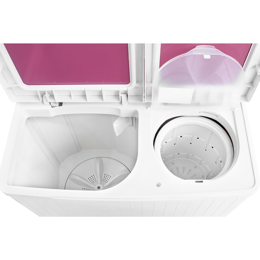 Masina de spalat rufe semi-automata Nobeltek, 7 kg spalare, 3 kg stoarecere, 300W spalare, 148W stoarcere, timp spalare 0-15 min, timp stoarcere 0-5 min, evacuare apa uzata: prin cadere libera, culoare corp Alb, capac Glass Line Red