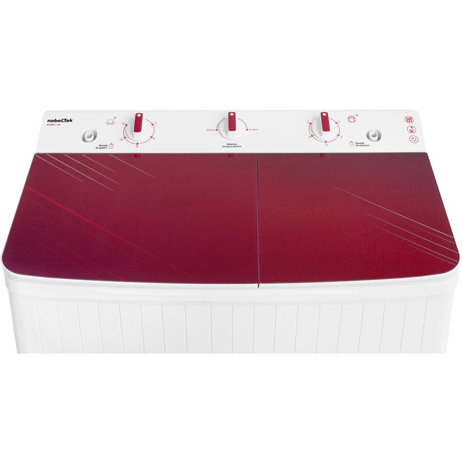 Masina de spalat rufe semi-automata Nobeltek, 7 kg spalare, 3 kg stoarecere, 300W spalare, 148W stoarcere, timp spalare 0-15 min, timp stoarcere 0-5 min, evacuare apa uzata: prin cadere libera, culoare corp Alb, capac Glass Line Red