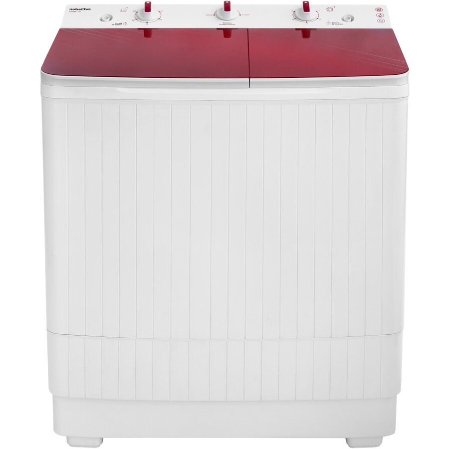 Masina de spalat rufe semi-automata Nobeltek, 7 kg spalare, 3 kg stoarecere, 300W spalare, 148W stoarcere, timp spalare 0-15 min, timp stoarcere 0-5 min, evacuare apa uzata: prin cadere libera, culoare corp Alb, capac Glass Line Red