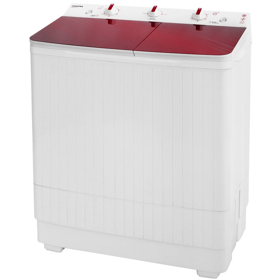 Masina de spalat rufe semi-automata Nobeltek, 7 kg spalare, 3 kg stoarecere, 300W spalare, 148W stoarcere, timp spalare 0-15 min, timp stoarcere 0-5 min, evacuare apa uzata: prin cadere libera, culoare corp Alb, capac Glass Line Red