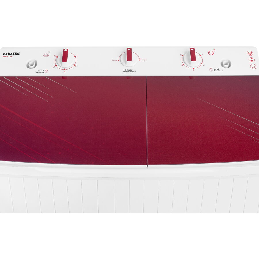 Masina de spalat rufe semi-automata Nobeltek, 7 kg spalare, 3 kg stoarecere, 300W spalare, 148W stoarcere, timp spalare 0-15 min, timp stoarcere 0-5 min, evacuare apa uzata: prin cadere libera, culoare corp Alb, capac Glass Line Red