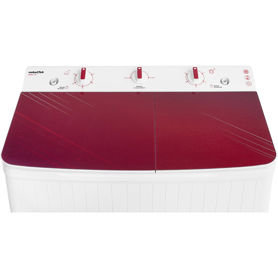 Masina de spalat rufe semi-automata Nobeltek, 7 kg spalare, 3 kg stoarecere, 300W spalare, 148W stoarcere, timp spalare 0-15 min, timp stoarcere 0-5 min, evacuare apa uzata: prin cadere libera, culoare corp Alb, capac Glass Line Red