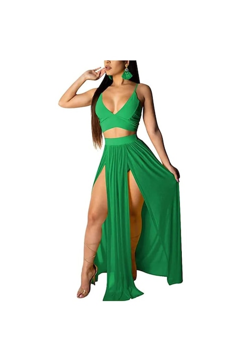 Rochie de vara sexy, lunga cu decolteu in V din 2 piese, verde, Verde, XL
