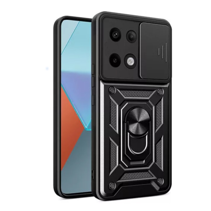 Калъф за телефон, съвместим с xiaomi poco x6 pro, premium slide & snap, държач с магнитен пръстен, черен