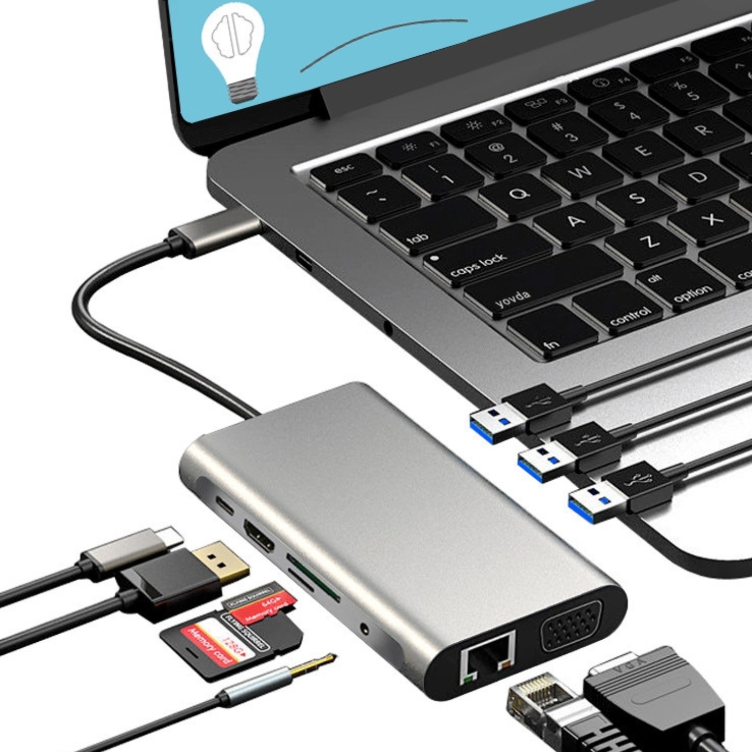 Докинг станция USB Type-C, 10 в 1, 3x USB3.0, 1x 4K HDMI, 1x VGA порт ...