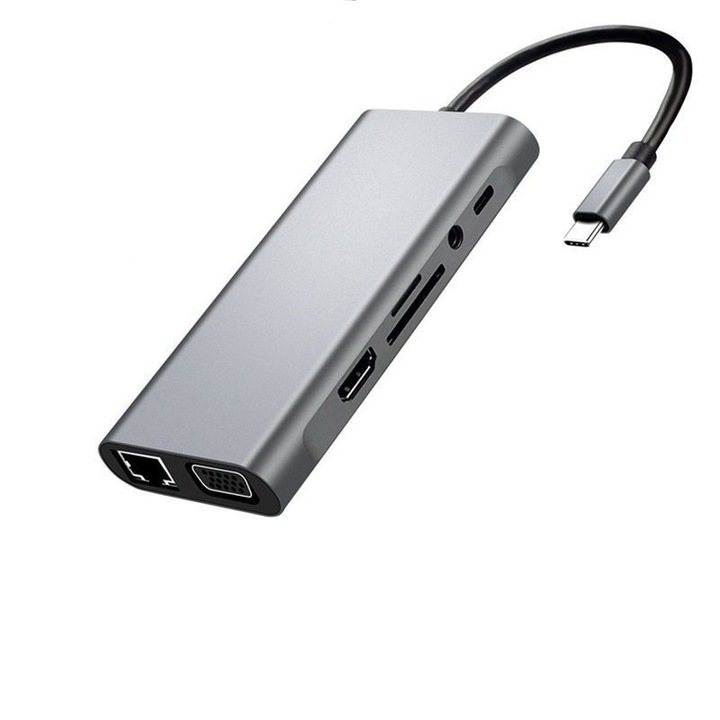 Докинг станция USB Type-C, 10 в 1, 3x USB3.0, 1x 4K HDMI, 1x VGA порт, 1x USB-C порт за данни, 1x 1000Mbps Gigabit Ethernet порт, 1x слот за SD карта, 1x TF карта, 1x 3,5 mm аудио / микрофон