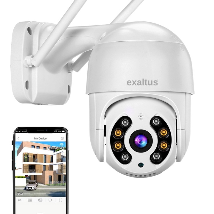 Camera de supraveghere Smart Exaltus®, 5IN1 cu sirena alarma integrata, iCSee app, 4MP, exterior/interior, Ultra HD, rotire din telefon 360°, 6 leduri lumina, IR LED, Night Vision, Comunicare bidirectionala, stocare card/cloud, senzor miscare, Alb